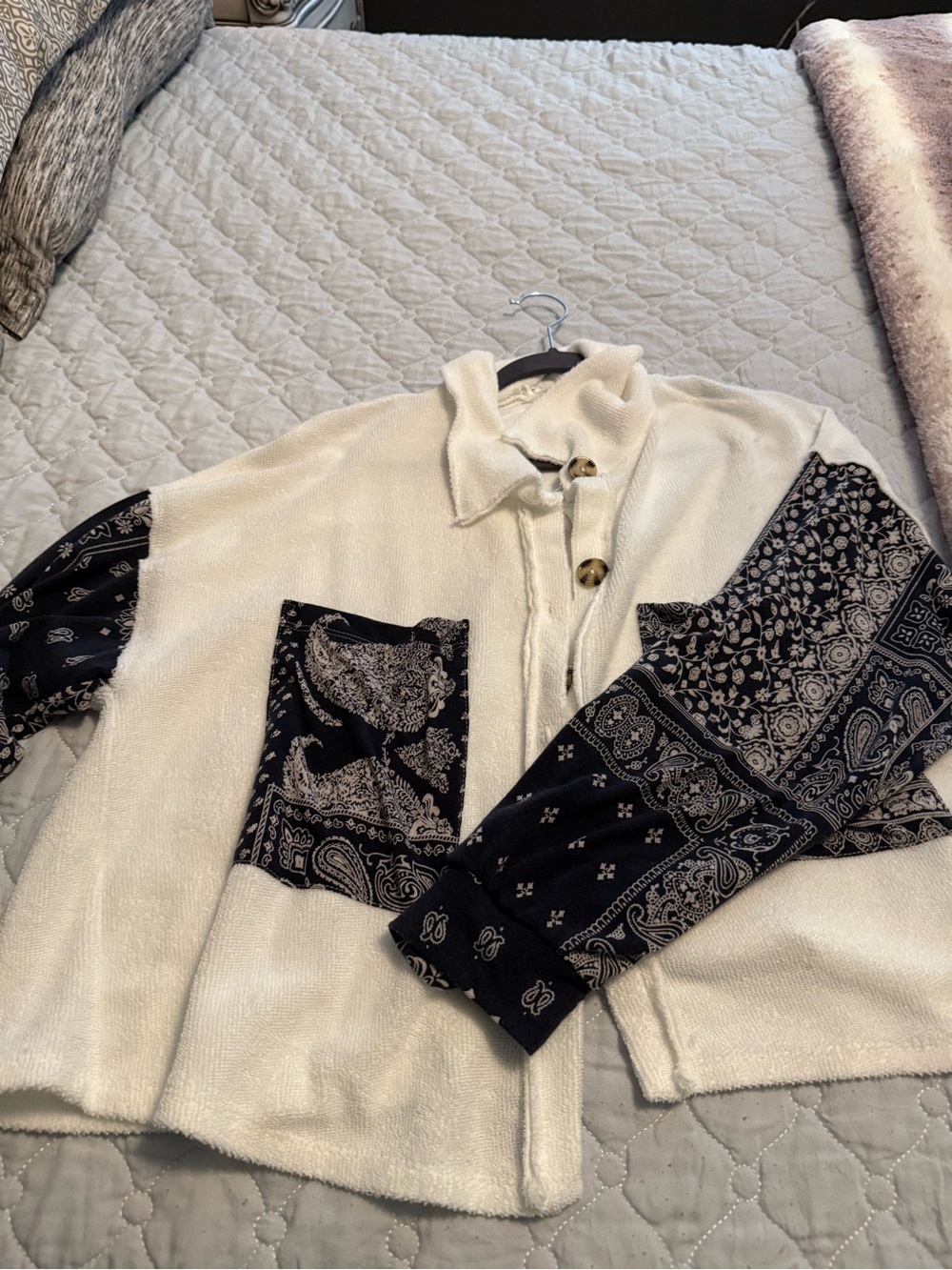 Ivory Button-Front Cardigan with Navy Paisley Sleeve Panels